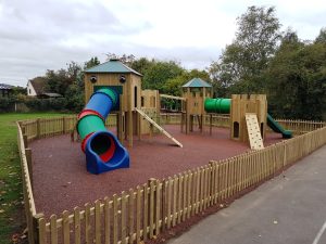 St Marys Prestbury adventure play installation with towers, bridge, climbing features and slide